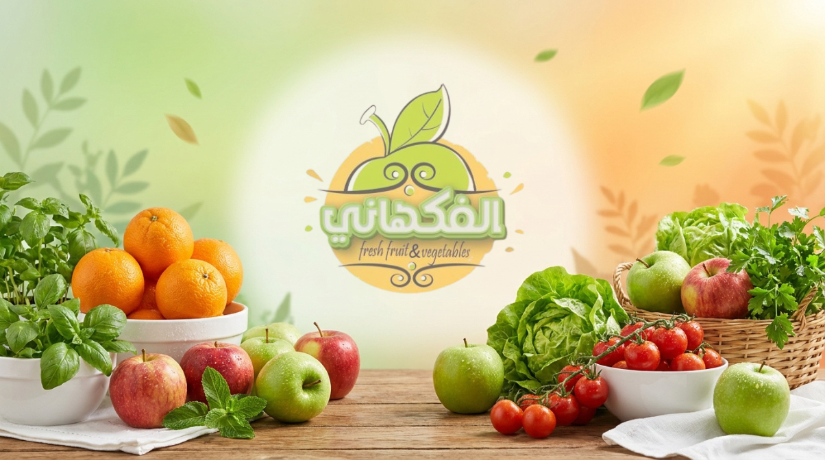 El-Fakahany brand surrounded by fresh fruit and vegetables